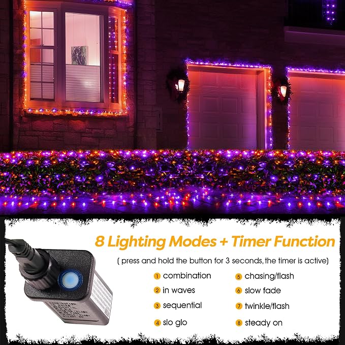 BlcTec Halloween Lights Outdoor 360 LED 9.8ft x 6.6 Orange Purple Halloween Mesh Lights with 8 Modes, Timer, Connectable, Waterproof and Green Wire Design for Lawn, Bushes Outdoor Holiday Decorations
