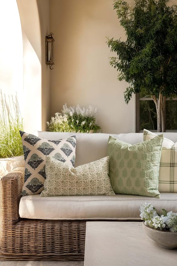 Crumbs Home Modern Farmhouse California Casual Indoor Outdoor Throw Pillow Cover, 20"x20" Water Repellent for Patio, Backyard, Couch, Earth Tone Light Green Tan Block Print Vintage Hydrangea Flowers