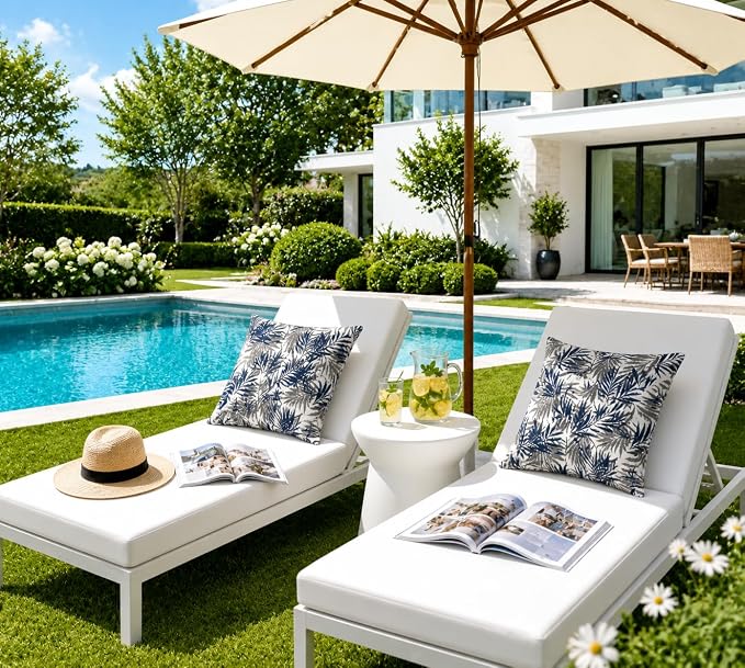 Outdoor Pillow Covers Waterproof Throw Pillow Covers, Set of 2 Jacquard Texture Water Resistant Fade Resistant Decorative Cushion Covers for Garden Patio Bench Couch Sofa, 18x18 Inch (Blue Palm)