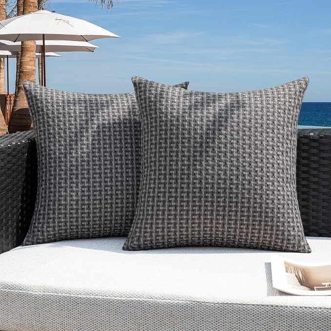 Kevin Textile Outdoor Waterproof 22"x22" Pillow Covers 2 Pack, Dark Grey | Water Resistant Weaving Faux Linen Texture Throw Pillow Covers, Outside Decorative Pillowcases for Garden Patio Balcony Couch