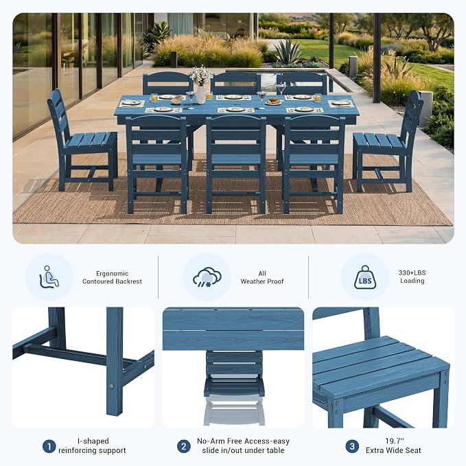 KINGYES Outdoor Armless Dining Chairs Set of 8,All-Weather HDPE Patio Chairs for Backyard,Pooside,Blue
