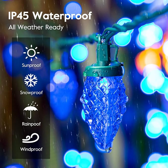 Brightown C9 LED Christmas Lights Outdoor, 66 ft 100 LED Strawberry String Lights, Waterproof Commercial Grade Extendable for Outside Roofline Patio Home Xmas Decoration, Blue and White