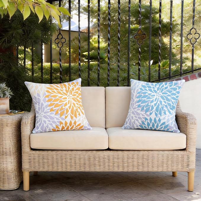 Outdoor Pillow Covers Waterproof Cushion Covers Patio Pillows Case 2 Pack | 18x18inch,Printed Boho Flowers,Seamless,Hidden Zipper,Machine Washable,Perfect decoration for Porch,Patio,Balcony
