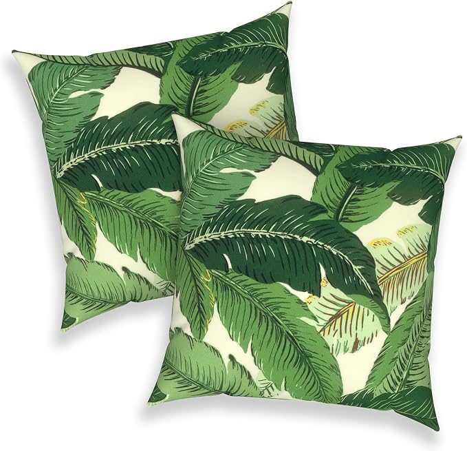 Outdoor Throw Pillows 16x16 Inch, Water Repellent Patio Pillows with Inners Set of 2 for Patio Furniture Home Garden, Swaying Palms Green