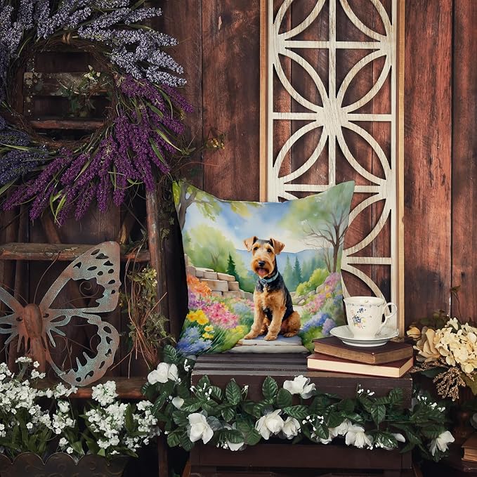 Caroline's Treasures Airedale Terrier Spring Garden Throw Pillow Machine Washable, Indoor Outdoor Decorative Pillow for Couch, Bed or Patio, 14Hx14W