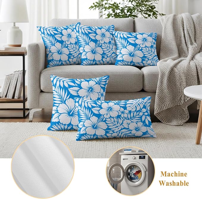 Hibiscus Flowers Waterproof Outdoor Pillow Covers Set of 2 Home Decor, Blue Tropical Monstera Leaves Pillowcase Patio Pillow Covers for Couch Bench Patio Furniture Garden 16x16in