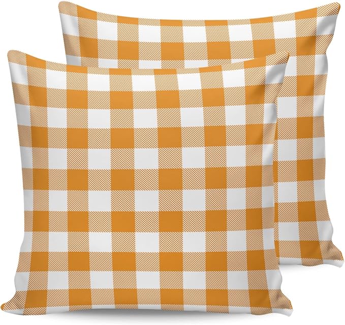 Outdoor Waterproof Throw Pillow Covers Set of 2 Orange Buffalo Check Plaid Pillowcases 26x26 Inches Farmhouse Style Patio Decorative Pillows Cushion Case Patio Pillows for Couch Bed Chair Garden
