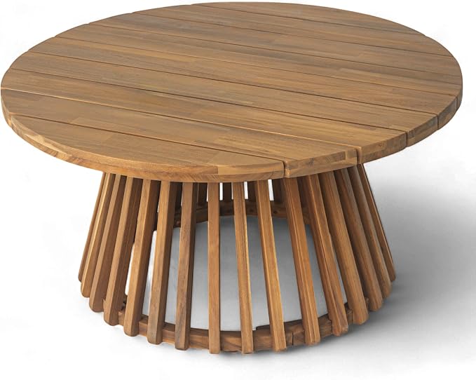 Merax Outdoor Acacia Wood Conversation Set, 3-Seat Loveseat Sofa w/Coushion and Round Coffee Table for Backyard, Patio Furniture,Teak+Green