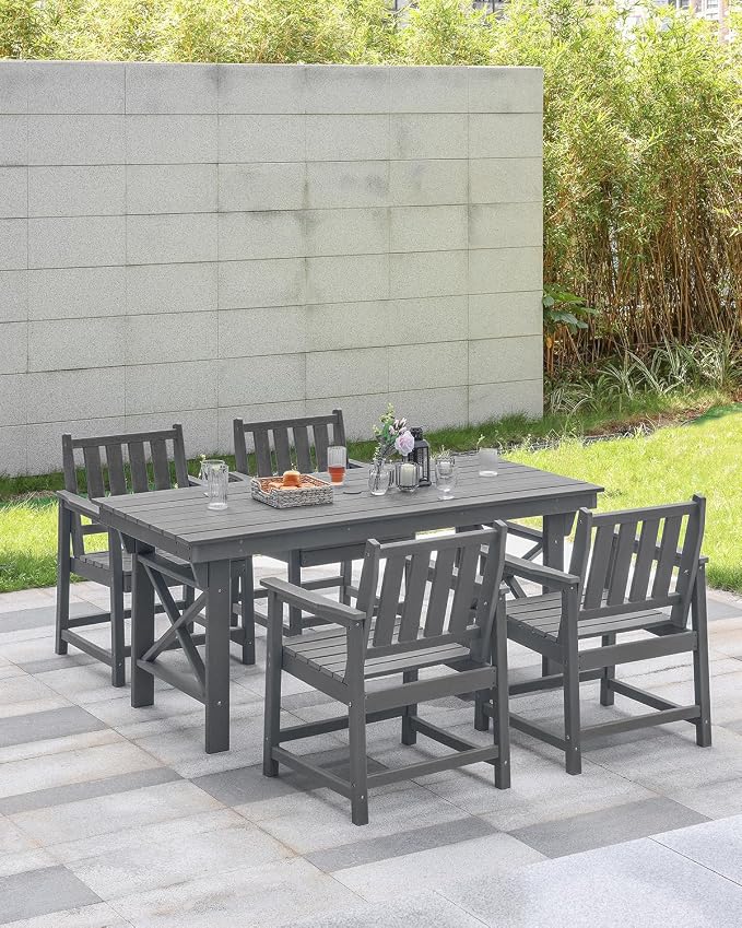 HDPE Patio Dining Set, 5-Piece Outdoor Table and Chairs with Umbrella Hole, Modern Outdoor Dining Set for 4, HDPE Outdoor Patio Furniture Dining Sets for Deck, Poolside, Porch, Smoke Gray