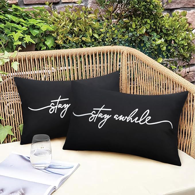 Adabana Outdoor Waterproof Stay awhile Pillow Covers Set of 2 12x20 Inch | Home Decorative Outdoor Pillows Cover for Patio Garden Porch Farmhouse