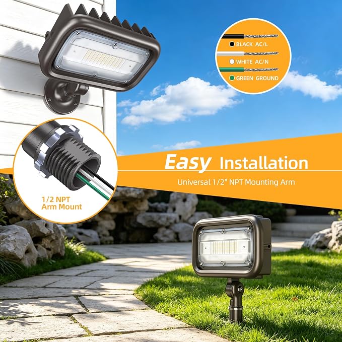 30W LED Outdoor Security Flood Lights,AC 120-277 Input | 100lm/W Efficacy,Super Bright LED Chips,7V×7H Beam Spread,180°Adjustable Knuckle Mount,IP65 Waterproof,4000K Color Temperatur