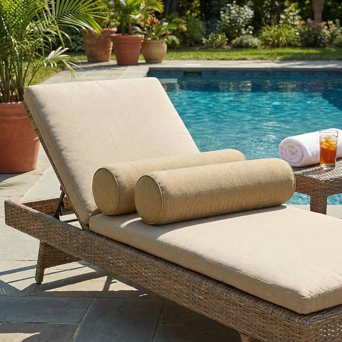 RSH DECOR: Sunbrella Neck Roll Pillows Set of 2 | 24” x 8” | Outdoor Bolster for Patio, Deck, Porch, or Poolside Chairs | Fade & Water-Resistant | Made in USA (Sailcloth Sienna Tan)