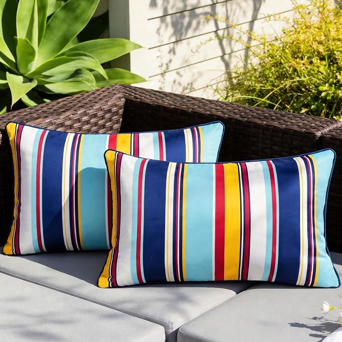 Waterproof Outdoor Pillow Covers 12x20 Inch Set of 2, Colorful Stripe Decorative Throw Pillow Cover with Piping, Modern Farmhouse Cushion Cases for Summer Patio Garden Porch Balcony Beach