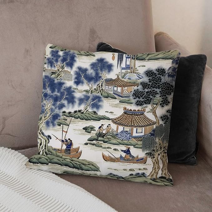 Asian Scenic Throw Pillow Covers Blue and Green Chinoiserie Cushion Cover 20x20 INFarmhouse Accent Modern Decorative Pillow Covers for Patio Furniture Tent Garden