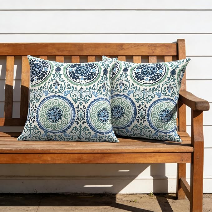 Outdoor Pillows with Insert 20x20 Inch, Waterproof Throw Pillow for Patio Furniture, Decorative Back Cushion for Garden Home Sofa Office Chair, Set of 2, Medallion Blue