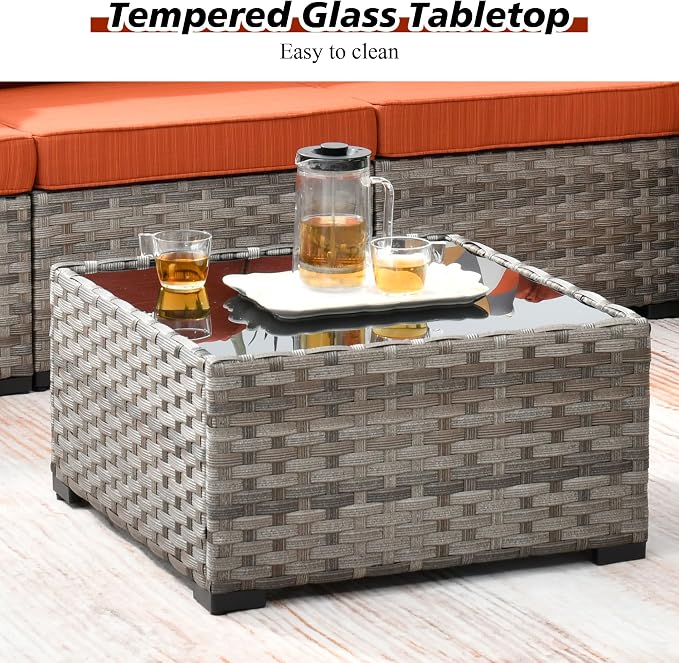 HOOOWOOO Outdoor Patio Sectional Furniture Sofa Set with Propane Gas Fire Pit Table,9 Piece Modern Wicker Couch with Swivel Chair,Modular L Shaped Conversation Seating Set with Wide Arm(Orange Red)