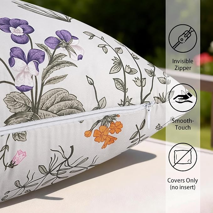 Pyonic Waterproof Outdoor Pillow Covers 18x18 Inch Set of 2 Sage Green Wild Flower Plant Butterfly Outdoor Pillows for Patio Furniture Porch Chair Spring Summer Decoration for Home