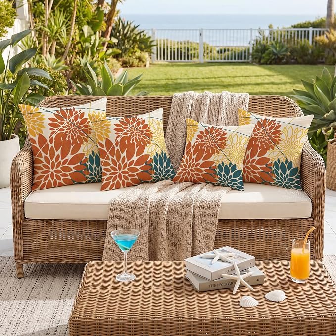 OTOSTAR Outdoor Orange Yellow Pillow Covers 18x18 Inch Set of 2 Blue Flower Throw Pillows Farmhouse Geometric Dahlia Floral Square Cushion Case Waterproof Decor for Sofa Patio Funiture Garden