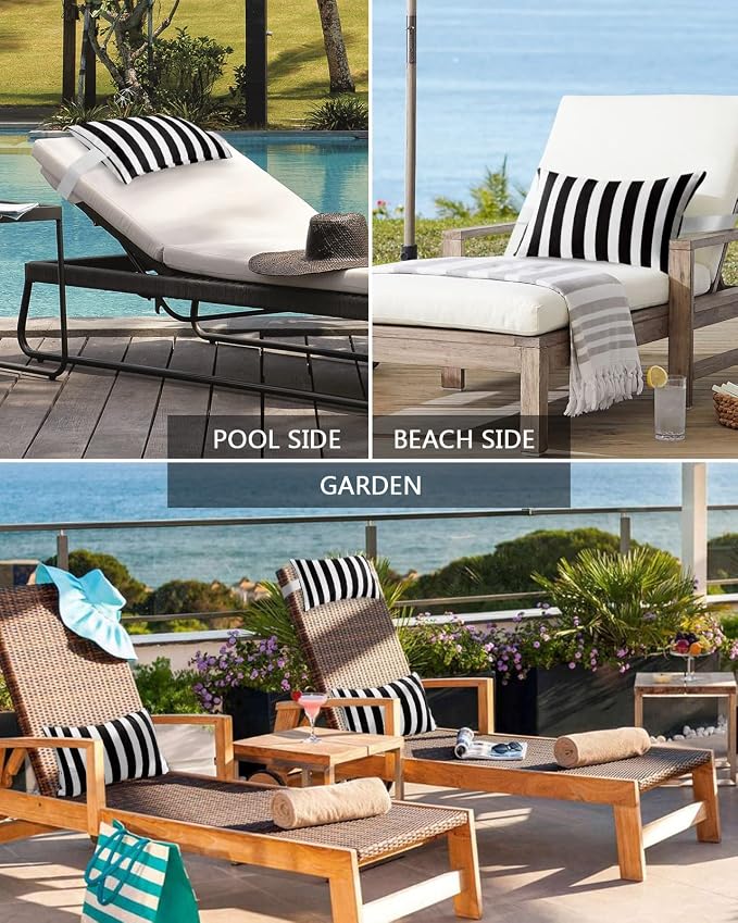 DecorLovee Black Striped Outdoor Recliner Pillows for Head, Farmhouse Waterproof Chair Pillow with Elastic Stripe, Black White Stripes Chaise Lounge Headrest Pillow for Patio/Beach/Pool 2Pack, 11"x16"