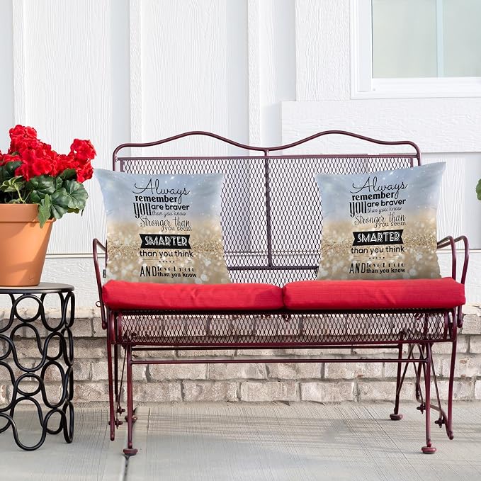 Swono Inspiration Quote Pack of 2 Decorative Throw Pillow Covers Cushion Covers, Remember You are Stronger Braver Couch Pillow Case Boho Pillowcase for Home Sofa Car 18"X18" Sparkle Golden