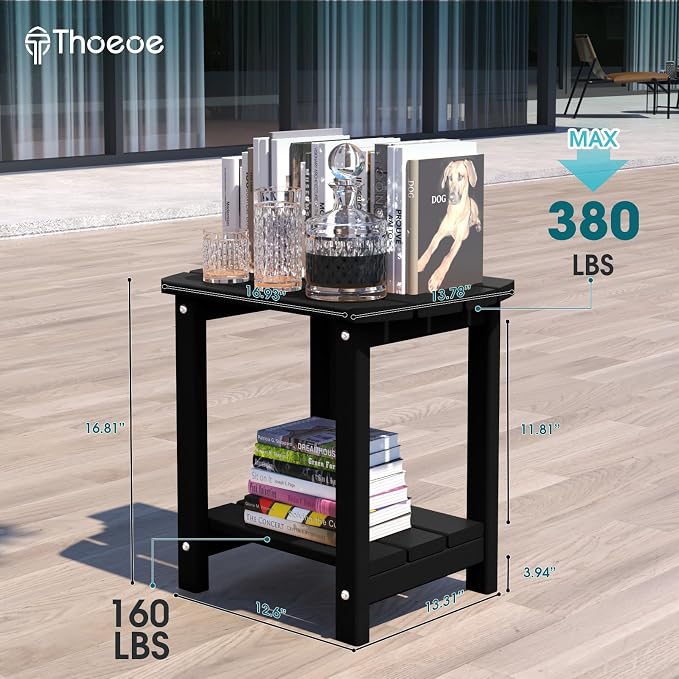 THOEOE Adirondack Outdoor Side Table, 2-Tier Sturdy Patio End Table Weather Resistant, Morden Side Table for Patio, Pool, Porch, Black