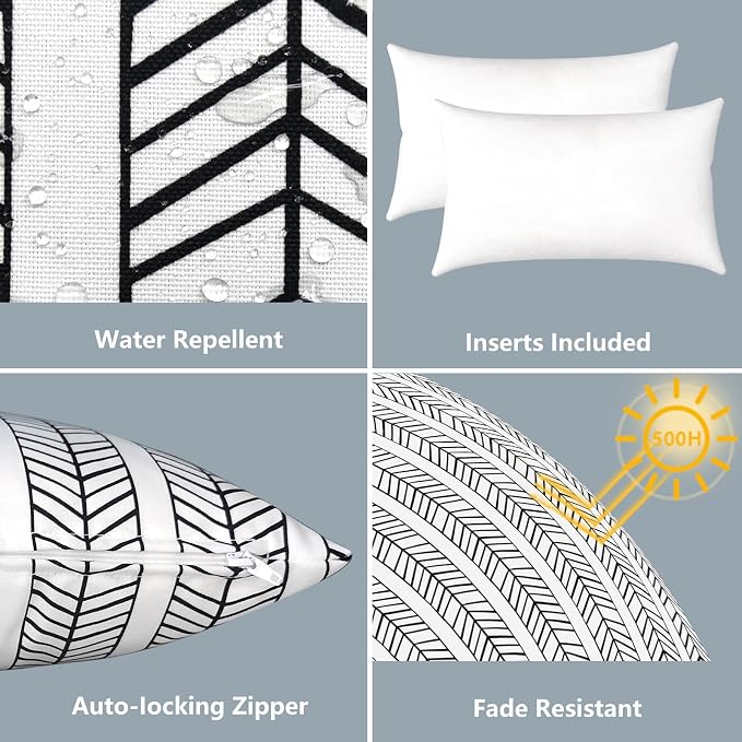 LVTXIII Set of 2 Patio Lumbar Pillows, 12”x20” Fade Resistant Outdoor Lumbar Pillow with Inners, Fluffy Decorative Garden Lumbar Cushions for Home Patio Coach Sofa Use, Herringbone Black White