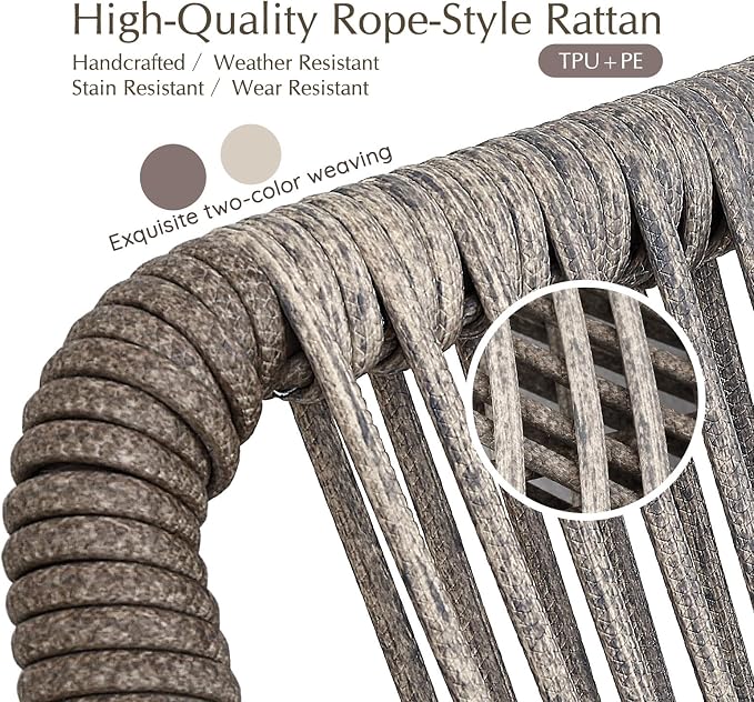 Aluminum Outdoor Patio Dining Chairs - Imitation Rope Vine Chair Ergonomic Backrest Design Detachable Seat Cushion Soft and Breathable Garden Porch, Light Brown 2Pcs
