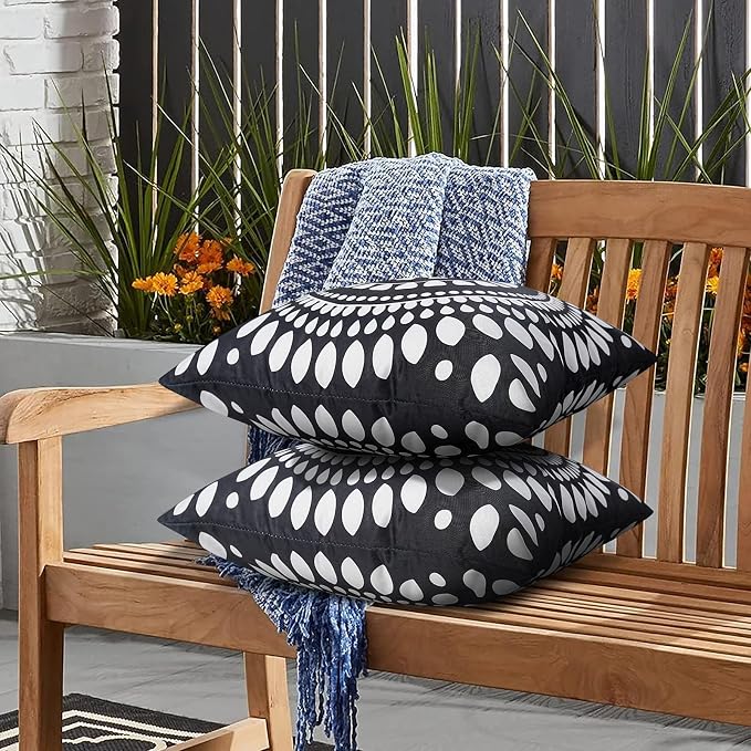 Merrycolor Set of 2 Outdoor Waterproof Throw Pillow Covers Black and White Pillow Covers Floral Decorative Square Pillowcases Farmhouse Boho Outdoor Pillows for Patio Furniture 18x18 Inch