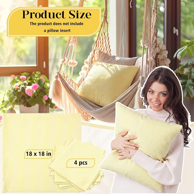Huhumy Yellow Throw Pillow Cover 18" x 18" for Home Decoration Striped Modern Style Decorative Cushion Covers No Inserts Seersucker Pillow Cover for Living Room, Chair, Bed, Couch, Set of 4