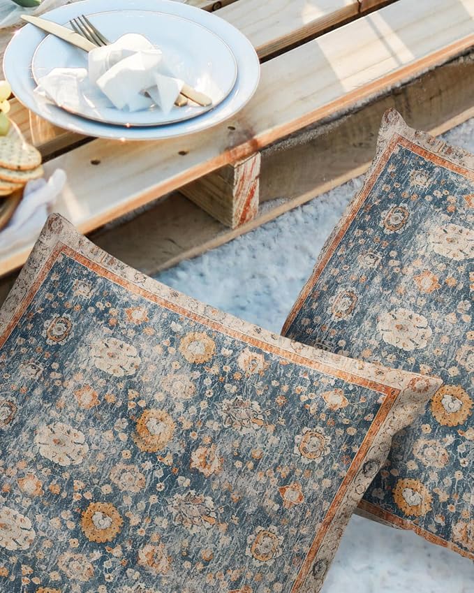Outdoor Waterproof Pillow Covers Set of 2, Meddle Century Vintage Flowers Mural Pattern Patio Throw Pillow Covers, Decorative Cushion Case for Couch Sofa Furniture Garden, 26x26 Inch