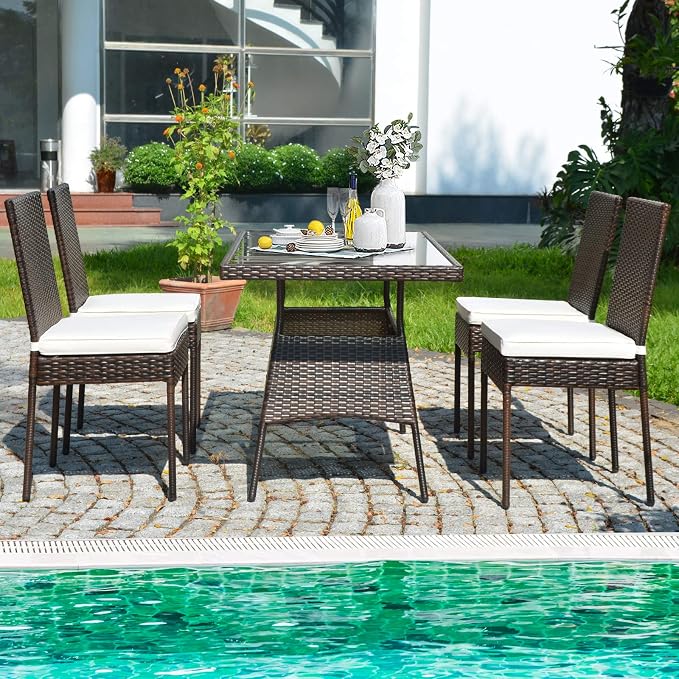 HAPPYGRILL 5-Pieces Patio Dining Set Outdoor Rattan Wicker Table and Chair Set with Glass Tabletop, Modern Dining Furniture Set with Cushioned Chairs for Backyard Porch Dining Room Kitchen