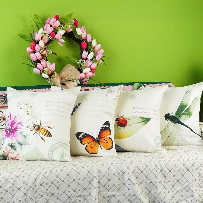 ONWAY Outdoor Garden Decoration Bee/Butterfly/Dragonfly/Ladybug Pillow Case Leaf/Lavender/Flower Decorative Throw Pillow Covers 18 x 18 Inches, Set of 4