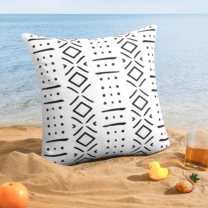 Merrycolor White Outdoor Waterproof Decorative Throw Pillow Covers Set of 2 Bohemian Geometric Pattern Cushion Covers Perfect for Farmhouse Patios and Gardens White