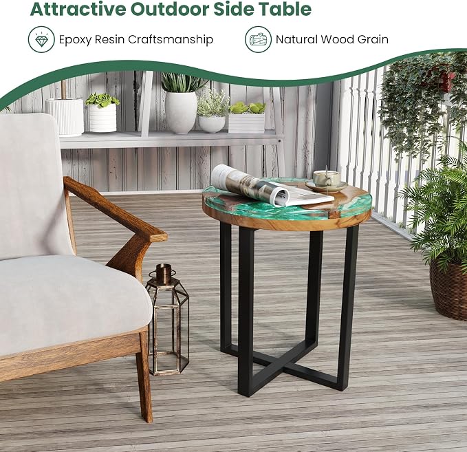 Giantex 20” Teak Wood Outdoor Side Table - Round End Table with Epoxy Resin Tabletop, Solid Live Edge, Mahogany Base, Rustic Sofa and Couch Table for Patio, Porch, Poolside, Living Room, Yard, Brown