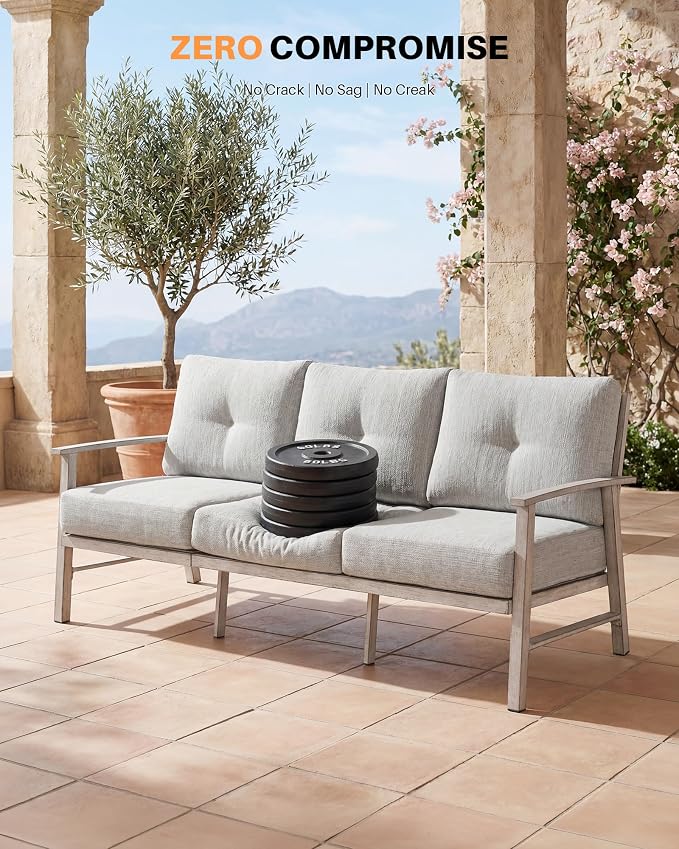 3 Seats Patio Furniture Sofa, Outdoor Aluminum Couch with 5.9'' Soft Cushion, 3-Seater All-Weather Outdoor Patio Furniture Sofa Couch for Balcony, Poolside, Lawn, White Oak