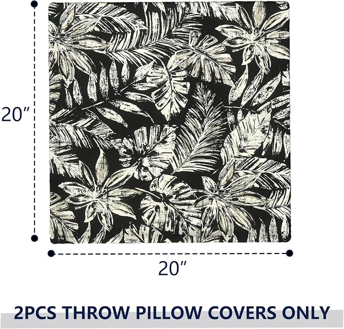 Outdoor Pillow Covers Waterproof 20x20 Inch Set of 2 Tropical Leaf Black Decorative Outside Patio Furniture Cushion Cases Decor for Porch Garden