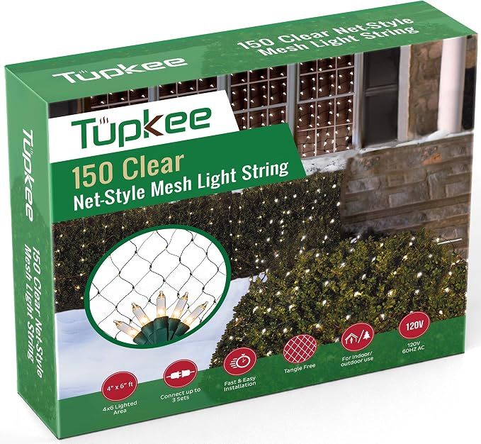 Christmas Light Net – 150 Clear Warm Mesh Lights - 4 ft x 6 ft – Outdoor/Indoor – Net Lights for Bushes, Hedges or Trees