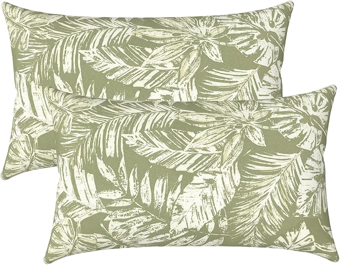 LVTXIII Set of 2 Patio Lumbar Pillows, 12" x 20" Fade Resistant Outdoor Lumbar Pillow with Inners, Fluffy Decorative Garden Lumbar Cushions for Home Patio Coach Sofa Use, Tropical Leaf Green