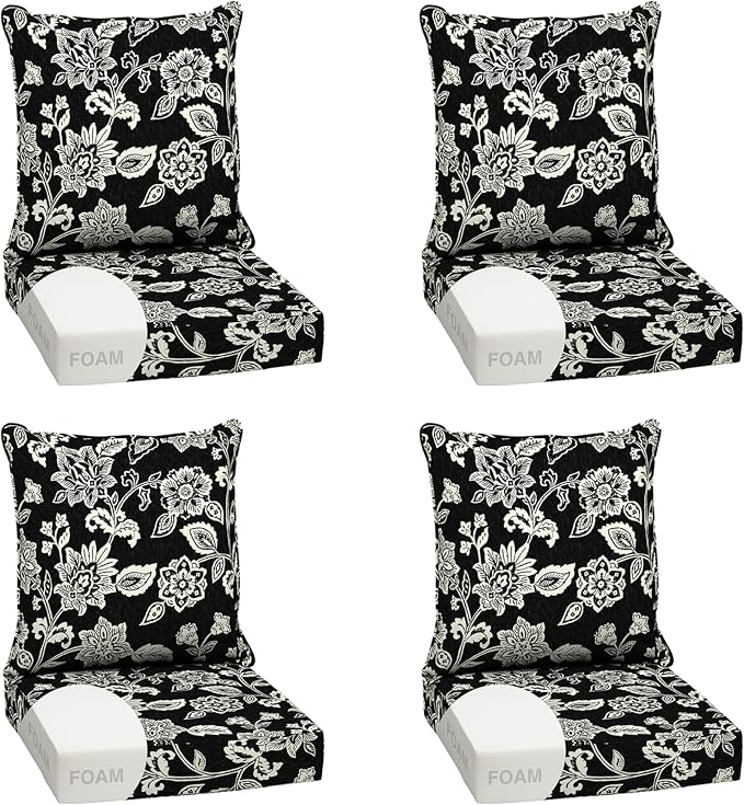 Arden Outdoor Deep Seat Cushion Set, Foam, 4-Pack, 24x24, Black Jacobean | Sofa, Couch, Conversation Set, Premium High-Density Foam, Never Flattens, Mold and Mildew Resistant