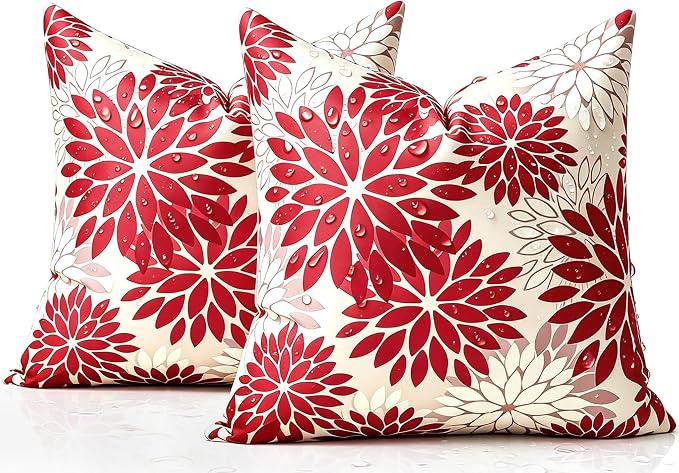 Set of 2 Dahlia Throw Pillow Covers Outdoor Pillows Waterproof 20x20 Inch Red and Pink Decorative Square Pillowcases With Invisible Zipper for Living Room Patio Garden FarmhouseTent Couch Bench