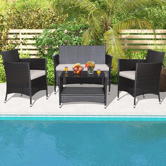 HAPPYGRILL 4 Pieces Rattan Patio Furniture Set, Mix Brown Wicker Sofa Set with Soft Seat Cushions, 2-Tier Tempered Glass Coffee Table, Outdoor Rattan Conversation Set for Backyard Poolside