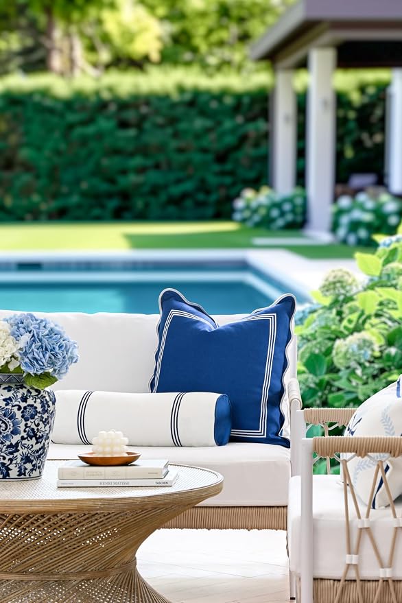 Hofdeco Premium Coastal Hampton Patio Indoor Outdoor Bolster Pillow Cover Only, 6"x20" Water Repellent for Backyard, Couch, Poolside, Navy Blue Embroidered Stripes
