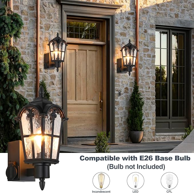16’’ Large Outdoor Wall Lights with Outlet, Exterior Wall Lantern Sconces | Waterproof, Rust-resistant, Matte Black, Water Ripple Glass, Quick & Easy Installation, Retro & Traditional