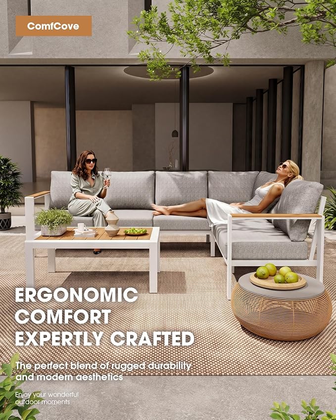 Aluminum Outdoor Patio Furniture Set 11 Seats, Outdoor Sectional Corner Sofa Set, Patio Conversation Sets with Washable Thick Cushions & Coffee Table for Porch, Yard, Garden, Deck, White
