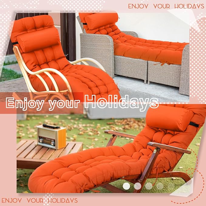 Tudomro Outdoor Chaise Lounge Cushion 66x21x4'' Waterproof & Fade-Resistant Patio Pool Chaise Lounge Cushion Headrest Pillow Tie Replacement Rocking High Back Chair(Bright Orange,Set of 2)