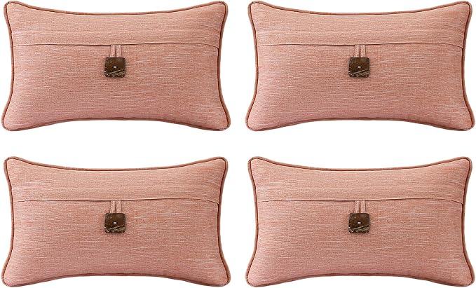 Outdoor Decorative Pillows with Coconut Button Pack of 4, 20" x 12" Outdoor Pillow Set for Couch Bed Throw Patio Sofa, Light Lotus Red