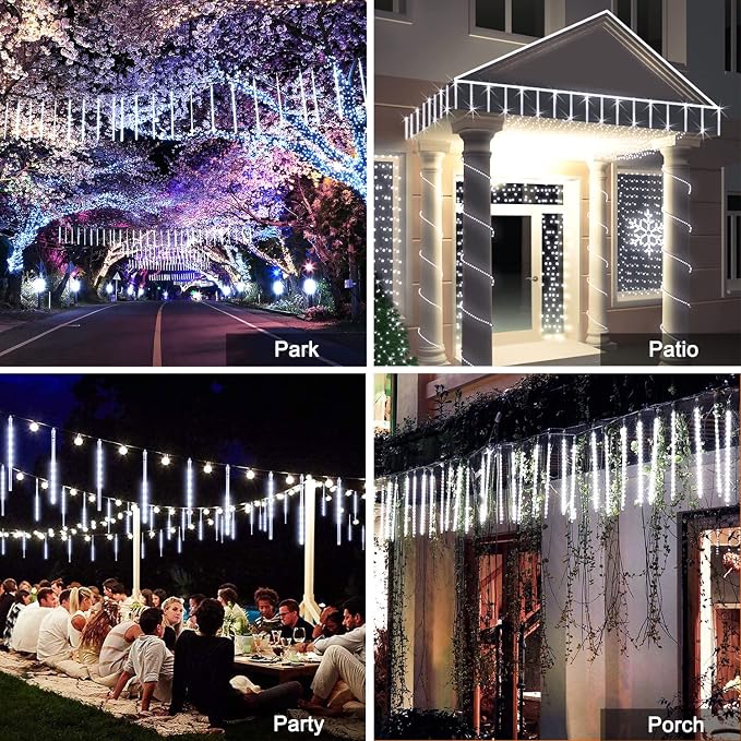 JMEXSUSS White Solar Lights Outdoor, Solar Meteor Shower Lights Outdoor | 8 Tube 144 LED Christmas Lights for Tree Wedding Xmas Holiday Party Patio Gazebo Decor