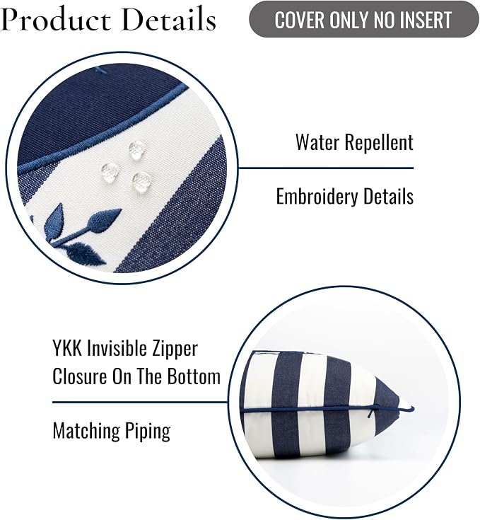 Hofdeco Premium Coastal Outdoor Performance Throw Pillow Cover Only, 18"x18" Water Repellent, UV and Fade Resistant for Backyard, Couch, Poolside, Navy Blue Embroidered Nautical Yacht Stripe