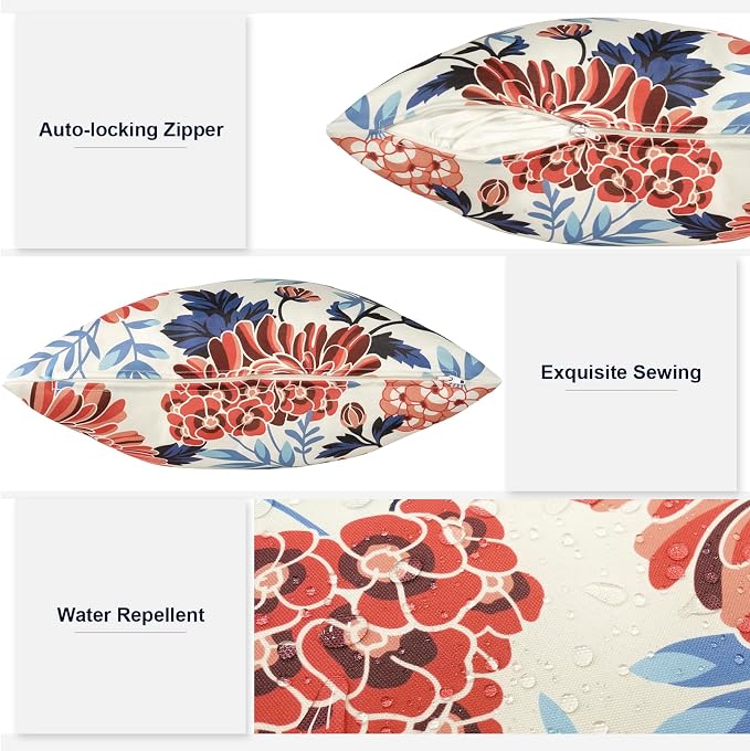 Outdoor Lumbar Pillows 12x20 Inch, Water Repellent Cushion Pillows, Outdoor Pillows with Inserts for Home Garden Pack of 2, Red Chrysanthemum