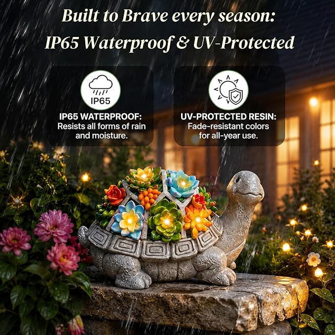 Nacome Solar Garden Outdoor Statues Turtle with Succulent | 7 LED Lights, Lawn Decor Statue for Patio, Balcony, Yard Ornament, Gifts for Mom Grandma Women